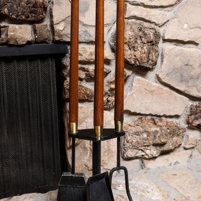 Mid century walnut fireplace tools