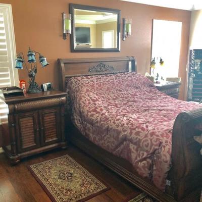 Beautiful "Tobacco/Rum Finish" Wood Bedroom Suite - "Dynasty" Queen Sleigh Bed