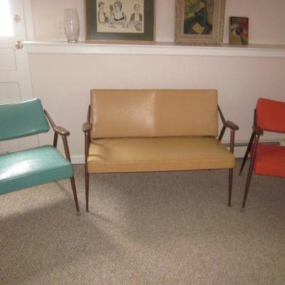 Mid-Century Modern Viko Baumritter Vinyl Love Seat with Pair Retro Arm Accent Chairs