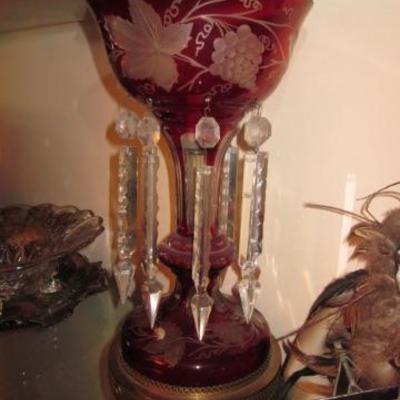 Lustre, Cranberry, Gilt Enamel White & Red Flower Swags with Drop Prisms 