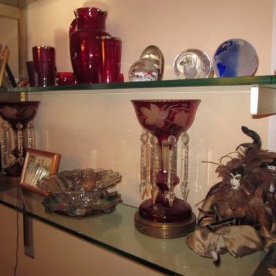 Lustre, Cranberry, Gilt Enamel White & Red Flower Swags with Drop Prisms 