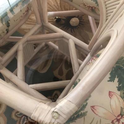 Detail - Alexander & Sheridan Ltd. Whitewashed Rattan Dinette w/4 Rolling Chairs and Tropical back/seat cushions - (48" Square...