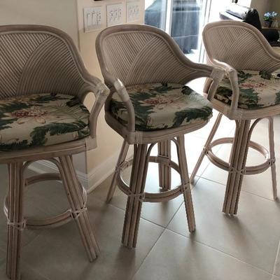 3 Matching Whitewashed Rattan Bar Chairs w/Arms 
