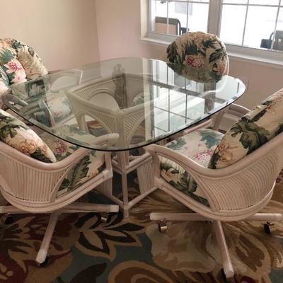 Alexander & Sheridan Ltd. Whitewashed Rattan Dinette w/4 Rolling Chairs and Tropical back/seat cushions - (48" Square w/Rounded...