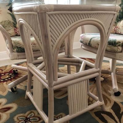 Detail - Alexander & Sheridan Ltd. Whitewashed Rattan Dinette w/4 Rolling Chairs and Tropical back/seat cushions - (48" Square...
