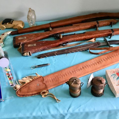 Vintage toy b.b. guns, sword, gun stock