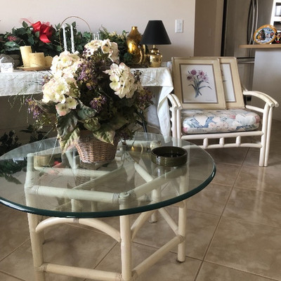 Whitewashed Rattan coffee table and arm chair (see individual photo for measurements)
