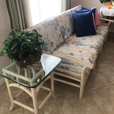 Whitewashed Rattan Sofa w/muted-floral cushions - 78W 36D 31H