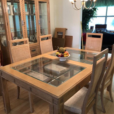 Stanley Furniture Light Wood/Beveled Glass Dining Table w/6 Chairs - $395
	(44W  65L - w/o 16" leaf  30H )
Matching Stanley...