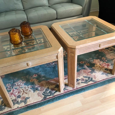 3 Matching Light Wood End Tables w/Beveled Glass Tops (some wear) - $15 EACH 
	(26x26 SQ)
Handcrafted 100% Wool Rug "Floral...