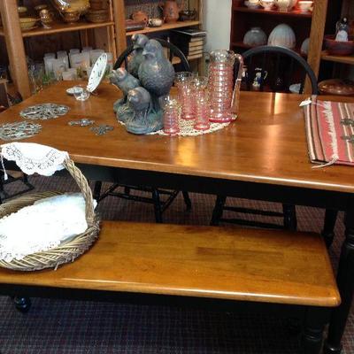 black & wood ding table, 4 chairs plus bench
