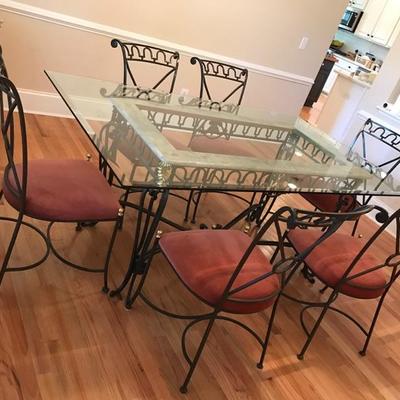 Iron, composite marble and glass dining table and 6 chairs $695
table is 72  X 44 X 30"