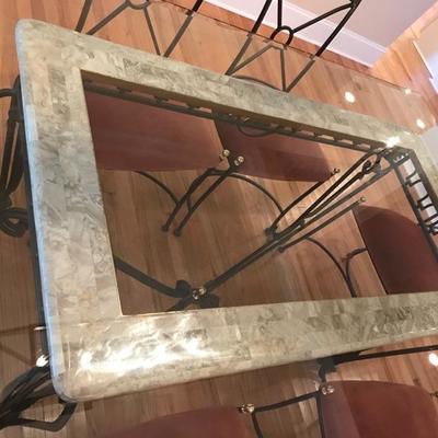 Iron, composite marble and glass dining table and 6 chairs $695
table is 72  X 44 X 30"