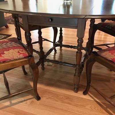 Mahogany drop leaf gate leg table $275
59 X 43 X 30"
Set of 4 Queen Anne style dining chairs $220