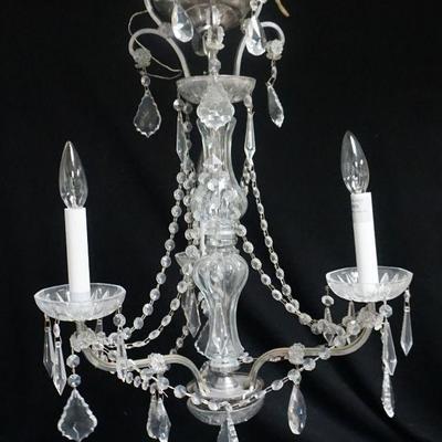 Vintage 20th c. Three Arm Crystal Chandelier. Features 3 Lighting Arms. Ideal for small spaces. Measures 16"x16"x22" long...