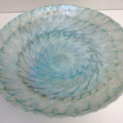 Large Iridescent Pearl and Teal Murano Glass Blown Bowl. With the original Vetro Artistico Murano label. Measures approximately...