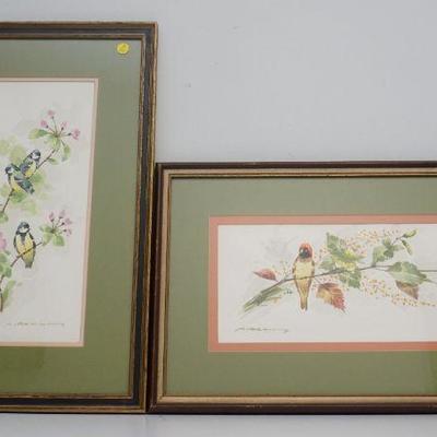 2 FRAMED MID CENTURY BIRD WATERCOLORS