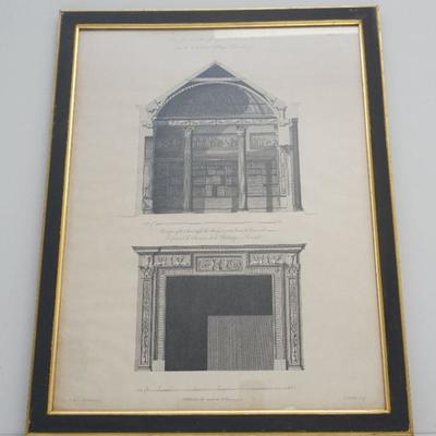 An elegant antique engraving of one end of the Library or great Room, at Kenwood. Design of the Chimney for the Library or great Room, at...