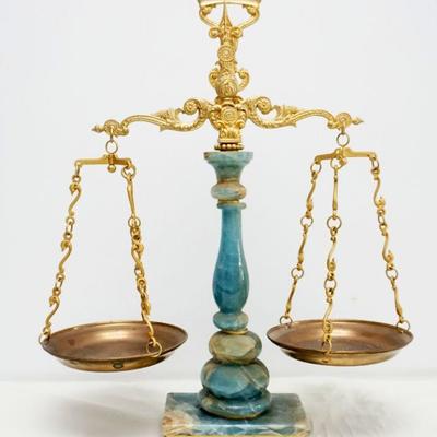 Ormolu Mounted Blue Green Onyx Balance Scale. Measures 20"x7"x23