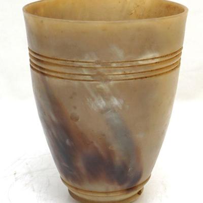 China, 19th C., large carved horn libation cup. Measures 4"x4"x5".