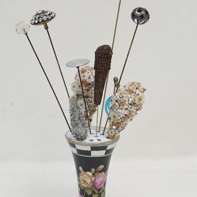 10 ANTIQUE HAT PINS + HOLDER