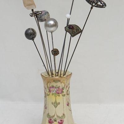 10 ANTIQUE HAT PINS + HOLDER