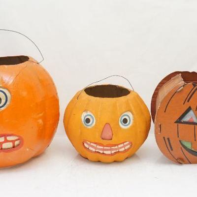 3 VINTAGE CARDBOARD HALLOWEEN JACK-O-LANTERNS