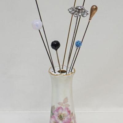 8 ANTIQUE HAT PINS + HOLDER