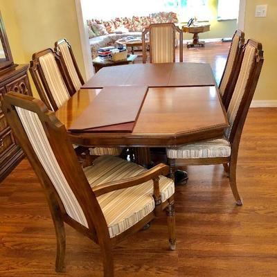 Ethan Allen Fruitwood Dining Table with 8 Chairs and 2 Leaves
and tabletop protective pads - $525
(41W  65L w/o leaves)
