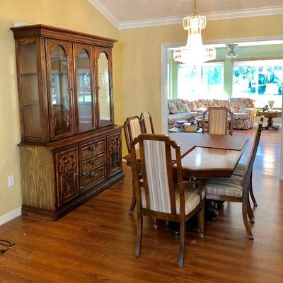 Ethan Allen Fruitwood Dining Table with 8 Chairs and 2 Leaves
and tabletop protective pads - $525
(41W  65L w/o leaves)
Matching Ethan...