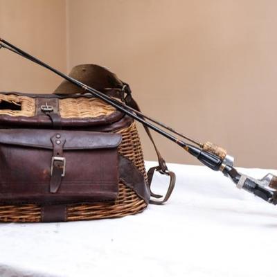 Vintage Wicker Fishing Creel/Basket with Leather Banding and Front Pouch and Fishing rods