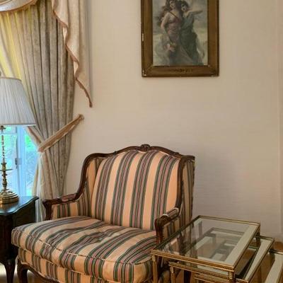 Edouard Bisson, Love's Embrace, Hand Colored Lithograph, TRS Furniture Carved Frame Armchair and Ottoman in Silk Stripe, Mirrored...