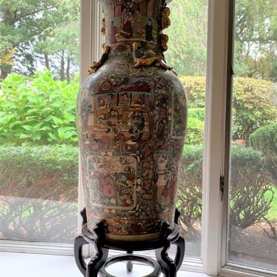 Rose Medallion Chinese Export Pottery Floor Vases, PAIR 