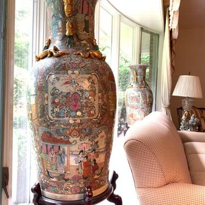 Rose Medallion Chinese Export Pottery Floor Vases, PAIR 