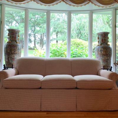 Rose Medallion Chinese Export Pottery Floor Vases, PAIR, Kravet Three Seat Sofa 