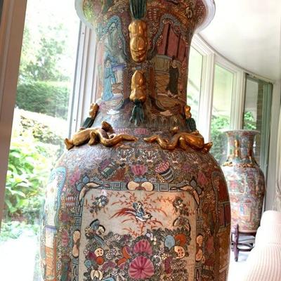Rose Medallion Chinese Export Pottery Floor Vases, PAIR 