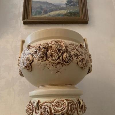 Thomas William Morley, 1859-1925, Watercolor, Weller Pottery Jardiniere on Stand