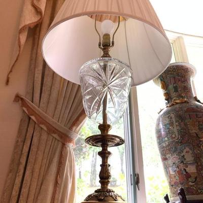 Rose Medallion Chinese Export Pottery Floor Vases, Waterford Lamp 