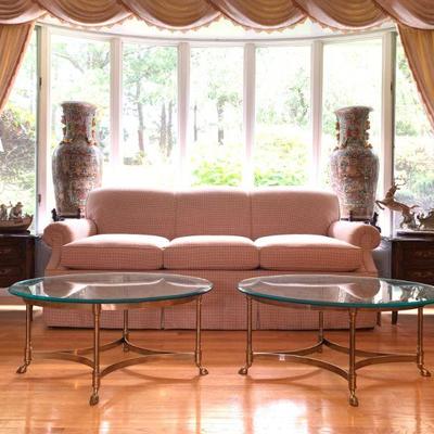 Kravet Three Seat Sofa, Brass Hoof Foot Coffee Tables, Waterford Lamps, Lladro, Rose Medallion Chinese Export Pottery Floor Vases
