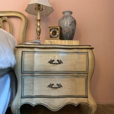 White Furniture Bombe Style Two Drawer Bed Side Tables, PAIR 