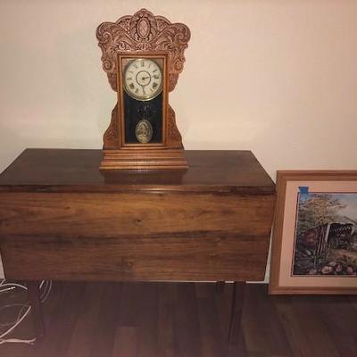 Antique farm table & Gilbert #44 Clock