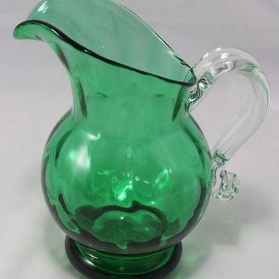 Blown glass green pitcher with clear applied handle (7 1/2â€ H)