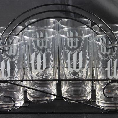 Vintage Initial â€œWâ€ Tumblers (8) in Black Metal Wire Caddy