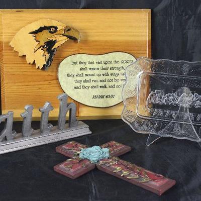 Isiah 40:31 wood plaque, Faith standing plaque, Indiana Glass Co. â€œLords Supperâ€ bread tray, and Teal Rose Wall Cross