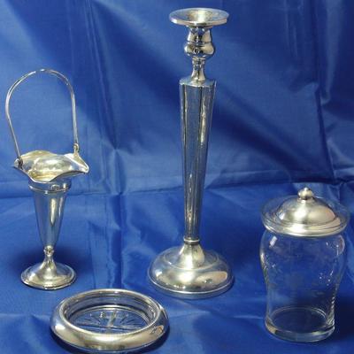 Sterling Silver 10â€ Poole Candlestick 1920-30â€™s, Sterling Silver Basket bud vase with handle, Wallace Sterling etched crystal jam...