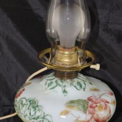 Victorian Hand Painted milk glass font oil lamp with electrical added 20â€ H