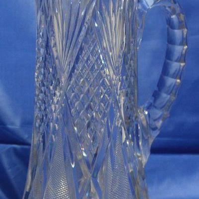 American brilliant cut period crystal pitcher with sterling silver collar 12 1/2â€ H