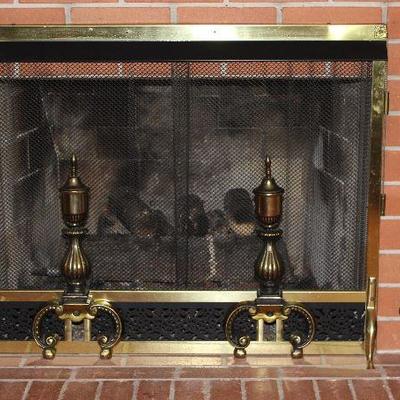 Brass  Fireplace Screen with andirons and 5 piece Tool Set.  Also shown: Antique Cast Iron Smelting/Smudge â€œfire starterâ€ Pot with...