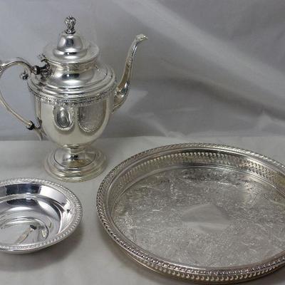 William Rogers Silverplate 12â€ Gallery Tray, Pedestal Coffee Server, 6 1/2â€ Bowl 