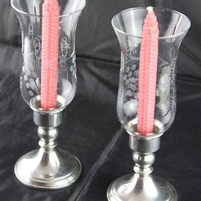 Web pewter weighted candlesticks with etched glass hurricane globes 